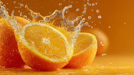 Vibrant splash of fresh orange juice bursting from sliced fruit in midair with tropical tones and dynamic motion, symbolizing freshness, citrus energy, and summer vitality in high-speed fluid concept.