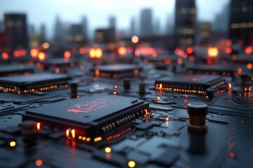 Futuristic circuit board in city backdrop
