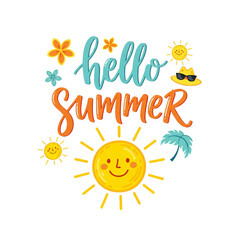 Hello summer colorful watercolor lettering with sun, seashells, starfish, and paint splatters on transparent background. Holiday vacation concept.