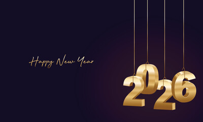 Happy New Year 2026. Hanging golden 3D numbers with black background.