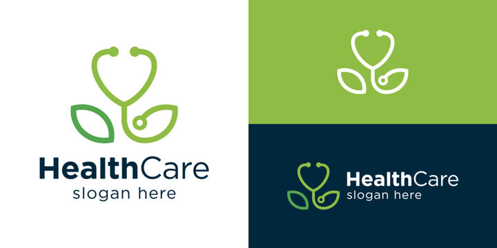 Creative simple health care logo template. Stethoscope with tree leaf for Medical clinic logo design vector illustration.