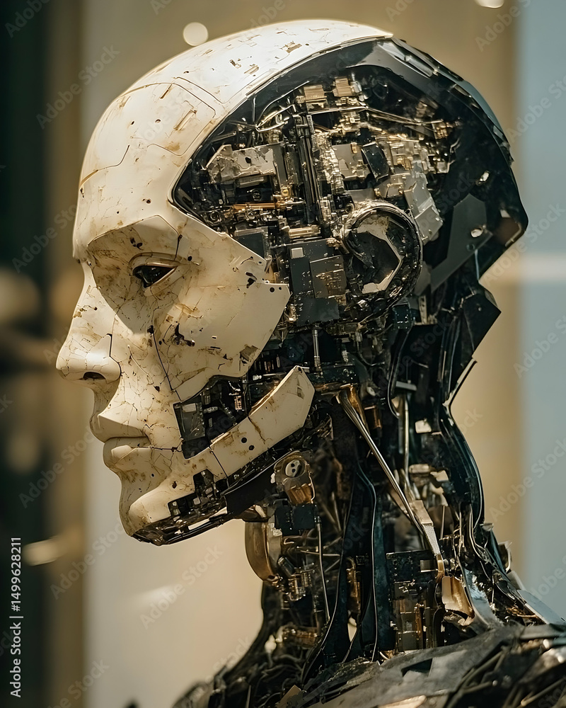 Poster close-up of a robotic head, showcasing intricate mechanical components.