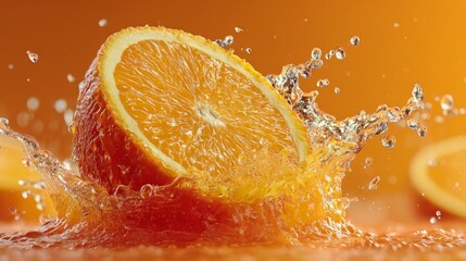 Vibrant splash of fresh orange juice bursting from sliced fruit in midair with tropical tones and dynamic motion, symbolizing freshness, citrus energy, and summer vitality in high-speed fluid concept.