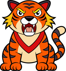 Fierce tiger with open mouth and sharp teeth in dynamic pose for jungle and wild animal illustration
