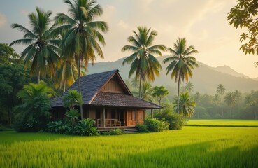 Fototapeta premium Traditional Malay kampung house with rice field. Wooden house surrounded by palm trees, lush plants and a green rice field. Idyllic tropical landscape. Rural scene. Malaysia culture tourism.