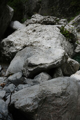 Close-up of rugged gray rocks and smooth boulders along a clear streambed in the forested landscape of Mount Olympus, Greece.
