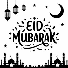 Eid mubarak calligraphy with mosque silhouette, crescent moon, stars and lanterns isolated on white background
