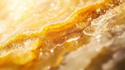 Close-up of a shimmering mineral with vibrant yellow and orange layers.