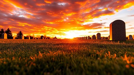 Gravestones stand solemnly in a grassy field beneath a vibrant sunset sky, creating a tranquil scene.