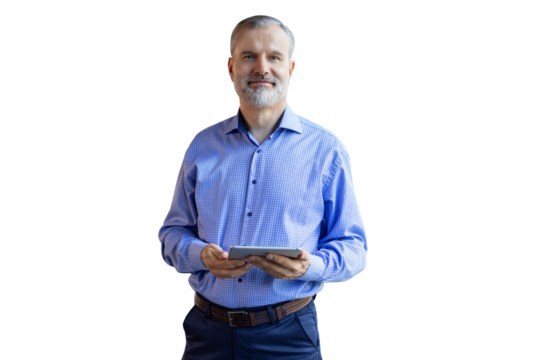 Smiling handsome businessman manager standing with tablet computer on a transparent background