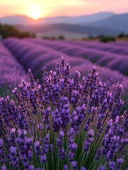 Naklejka premium Vibrant purple lavender blossoms in a vast field at sunset, mountains softly blurred in the background