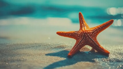 Fototapeta na wymiar Orange starfish on sandy beach, ocean waves