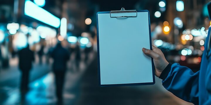 A person holding a clipboard with a white page in a city at night - Powered by Adobe