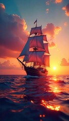 Obraz premium A majestic sailing ship glides gracefully across a calm ocean under a vibrant sunset, its sails billowing in the gentle breeze, a picturesque scene of nautical beauty , sun, cruise