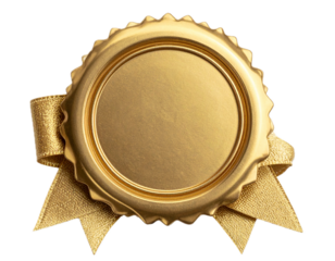 Golden seal with ribbons isolated on transparent background.