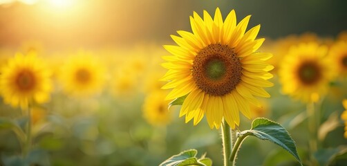 Fototapeta premium Vibrant sunflowers bloom in bright sunny day. Yellow flower petals contrast with brown seed center. Blurred background creates idyllic summer mood. Floral, sunny landscape. Beautiful nature. Perfect