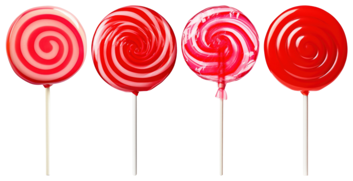 PNG Four red and pink swirled lollipops in a row element set on transparent background.