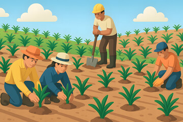 Plantation Workers Planting Palm Trees in Agricultural Field