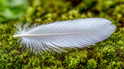 A close-up of a delicate white feather resting on soft green moss.