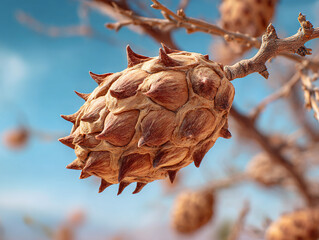 Cone-Shaped Seed Captured in Nature: Close-Up of a Spiky Branch in Woodland Environment