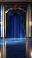 Elegant 1920s Art Deco Cinema Lobby with Golden Accents vertical - blue background