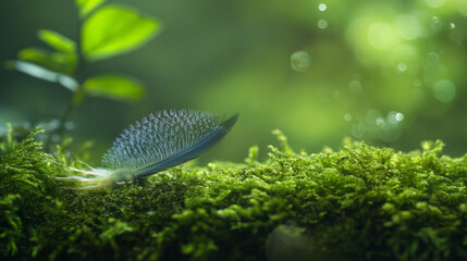 A close-up of a delicate leaf resting on vibrant green moss.