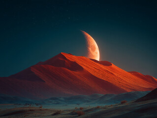Desert Moon Landscape: Serene Nightscape with Sand Dunes, Stars, and Celestial Wonders