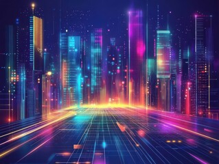 Neon Cityscape at Night with Futuristic Skyscrapers