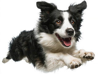 Fototapeta premium Close-up photograph of a black and white dog in motion, with alert eyes and perked ears, set against a nondescript background - AI-Generated
