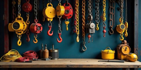 A diverse assortment of crane supplies neatly organized on a workbench, including hooks, cables, sheaves, and more  Ready for use on various construction and lifting projects ,  cables,  strong