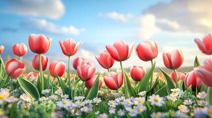 Fototapeta premium Vibrant pink tulips in a field, sunlight and soft clouds