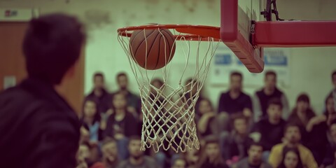 A basketball is in the air and is about to go through the net