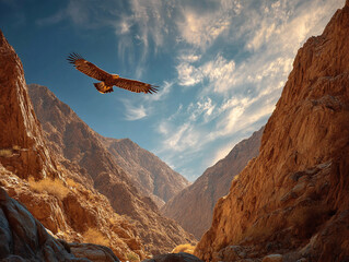 Majestic Eagle Soaring Over Rocky Mountains: Blue Sky, Scenic Wildlife Adventure