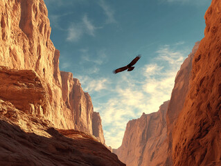 Majestic Canyon Wildlife: Soaring Eagle in Serene Natural Landscape of Rugged Cliffs and Vast Blue Sky