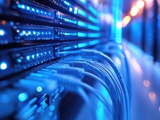 Blue Fiber Optic Cables with High-Speed Data Flow in Server Room: Macro-Detail Tech Visuals for Cloud Infrastructure Presentations or Corporate Branding. Focused on Connectors and Dynamic Lighting 