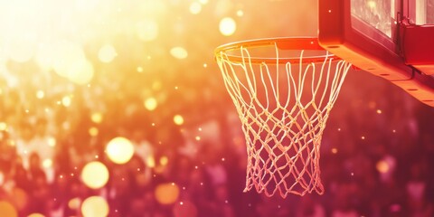 A basketball net is shown with a crowd of people in the background