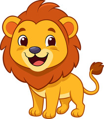 Playful lion with friendly smile and fluffy mane in standing position for animal cartoon designs