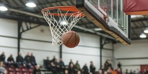 A basketball is in the air, about to go through a hoop