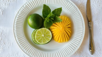 A white plate holds fresh lime slices, mango segments, and mint leaves