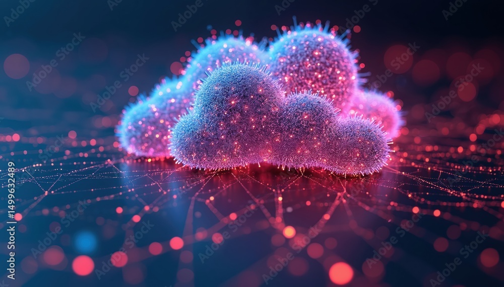 Poster futuristic illustration featuring cloud computing. digital network with glowing elements. representi