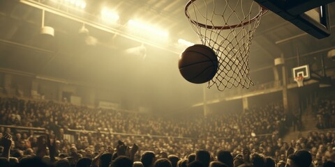 A basketball is in the air, and the crowd is watching it