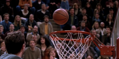 A basketball is in the air and is about to go through a hoop