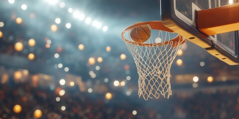 A basketball is in the air, about to go through a net