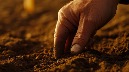 A close-up of a hand planting in rich, brown soil under warm sunlight.