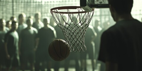 A basketball is in the air and a man is watching it