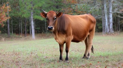 Fototapeta premium A brown cow stands in a field.