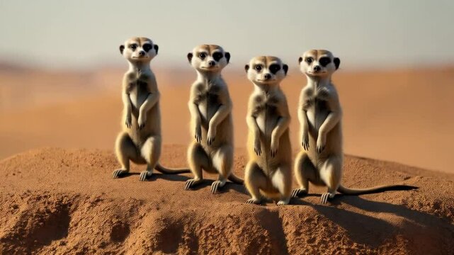 Cute suricate meerkat animal standing alert on a rock, watching the wild desert nature