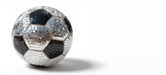 Fu&szlig;ball aus spiegelnden Mosaik-Elementen, stilvoll beleuchtet vor wei&szlig;em Hintergrund. 