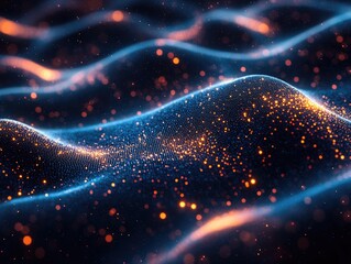 Abstract 3D Rendered Energy Waves with Glowing Orange Particles on Navy Blue: Dynamic Tech Background for Data Flow Visualization, Sci-Fi Art, or Digital Branding. High-Resolution Sparkling Light Effe