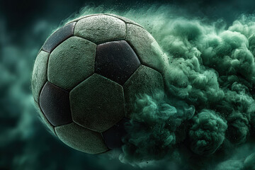 Stylized soccer ball moving swiftly through ethereal, greenish-blue gas in dark background - AI-Generated
